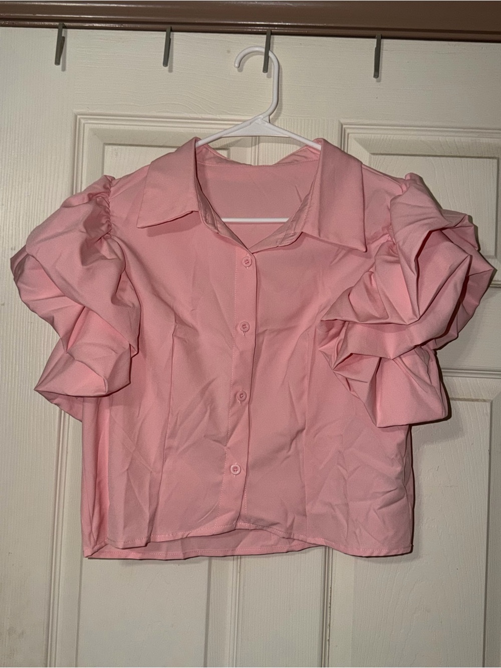 SHEIN Pink Puff Sleeve Button-Up Blouse